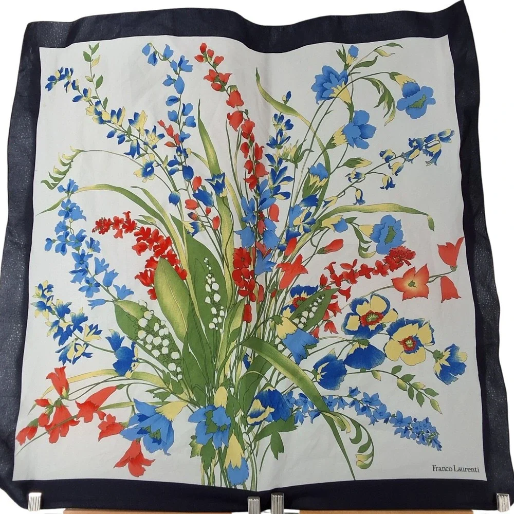 Franco Laurenti Floral Wildflower Square Scarf Navy Blue White Border 28x28